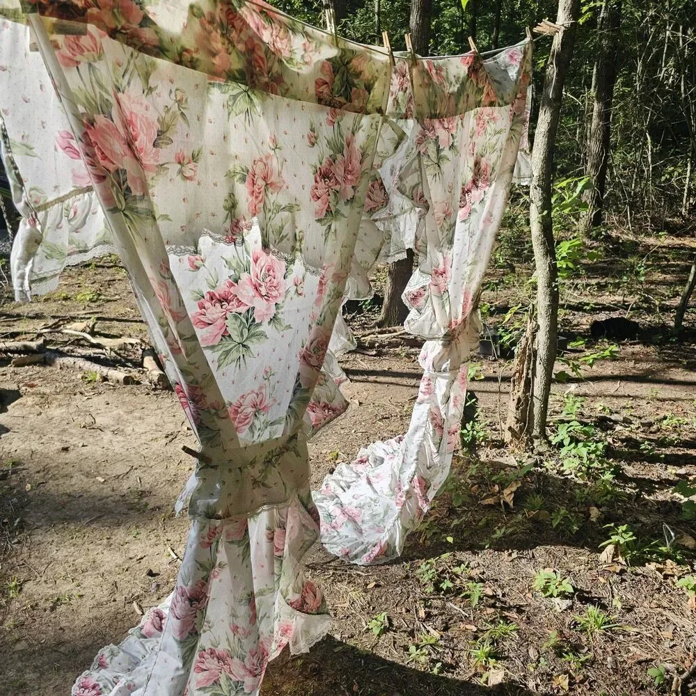Vintage 1980s Pink Floral Cottagecore Ruffled Curtains Set With Lace Trim